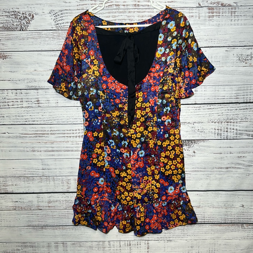 Anthropologie Ruffled Satin Mini Dress Floral Open Low Back Bow 12P - Picture 9 of 16